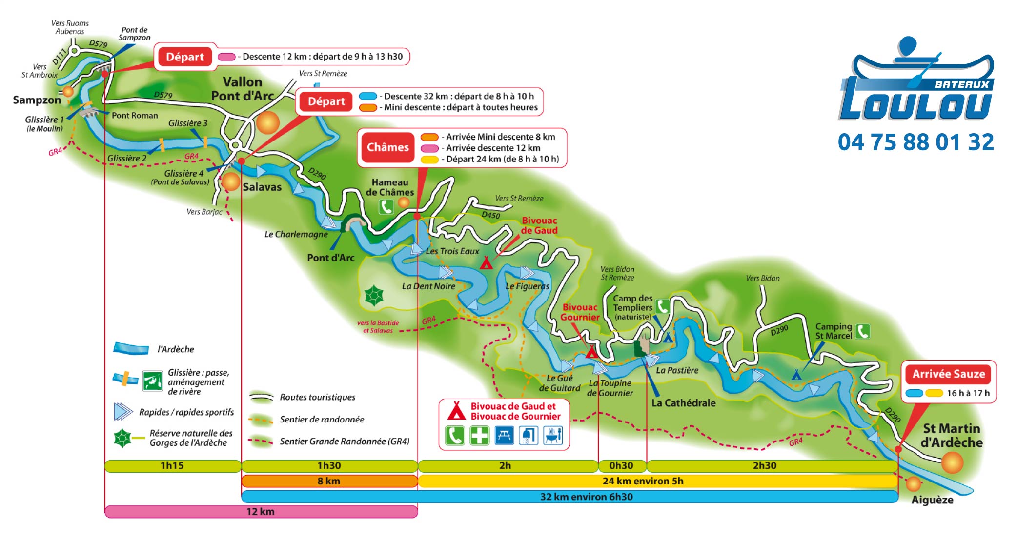 Carte de la descente des Gorges de l'Ardèche en Canoë-Kayak